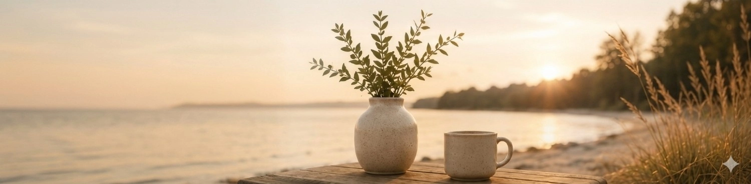 Michael | Child Heart Healing® - Gesundheits und Hypnose Coach - Eine gesprenkelte Keramikvase mit grünen Zweigen und ein passender Becher stehen auf einem Holztisch im Freien vor einem verschwommenen Hintergrund des Sonnenuntergangs am Wasser.