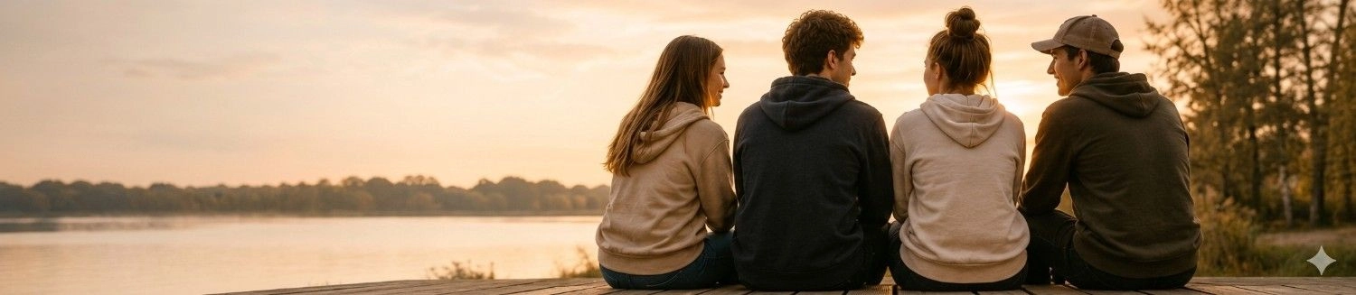Michael | Child Heart Healing® - Gesundheits und Hypnose Coach - Vier junge Erwachsene in Kapuzenpullovern sitzen nebeneinander, mit dem Rücken zur Kamera, schauen sich an und lächeln am Ufer eines Sees bei Sonnenuntergang.