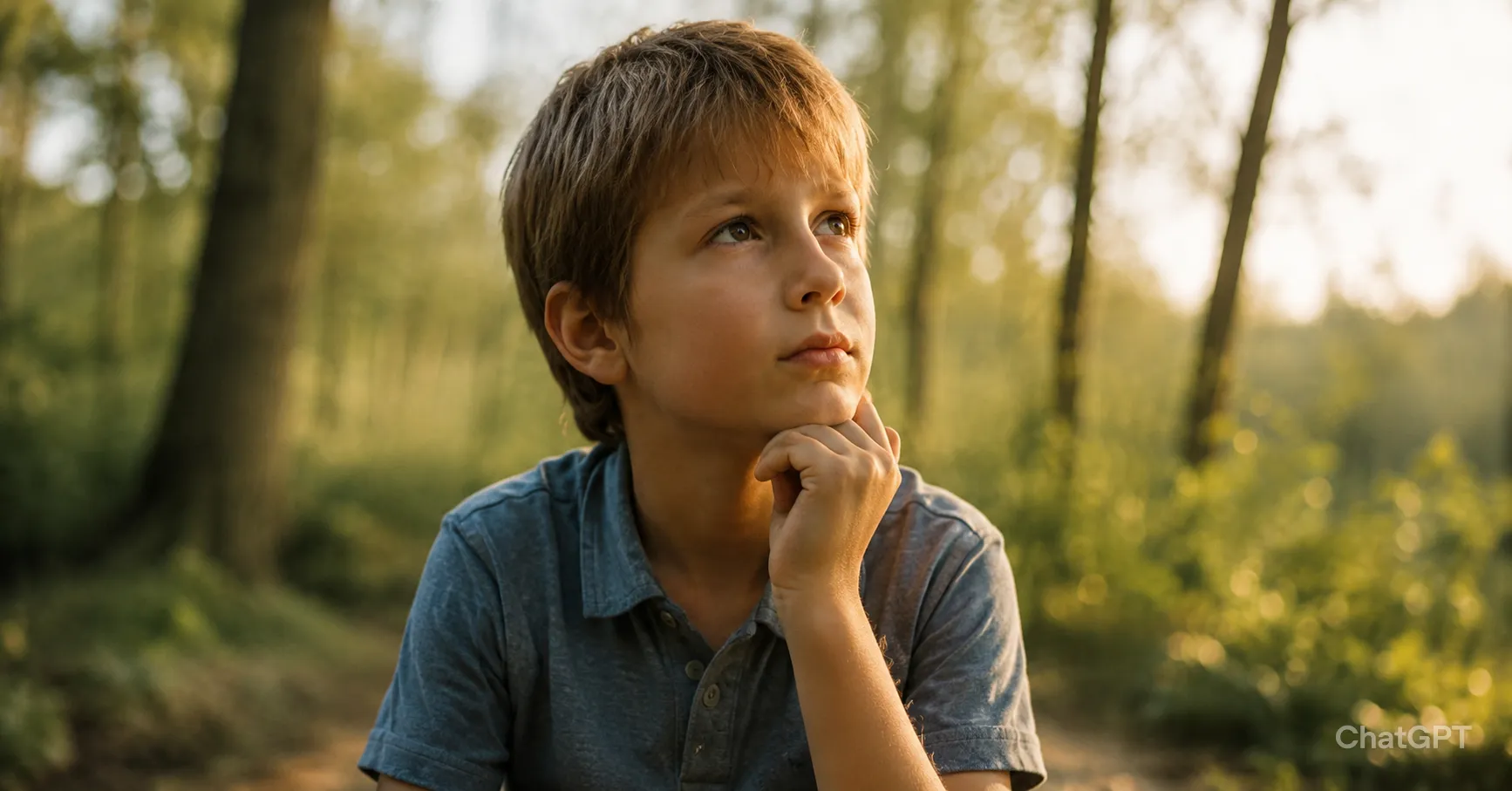 Michael | Child Heart Healing® - Gesundheits und Hypnose Coach - Ein nachdenklicher Junge sitzt mit der Hand am Kinn in einem sonnenbeschienenen Wald.