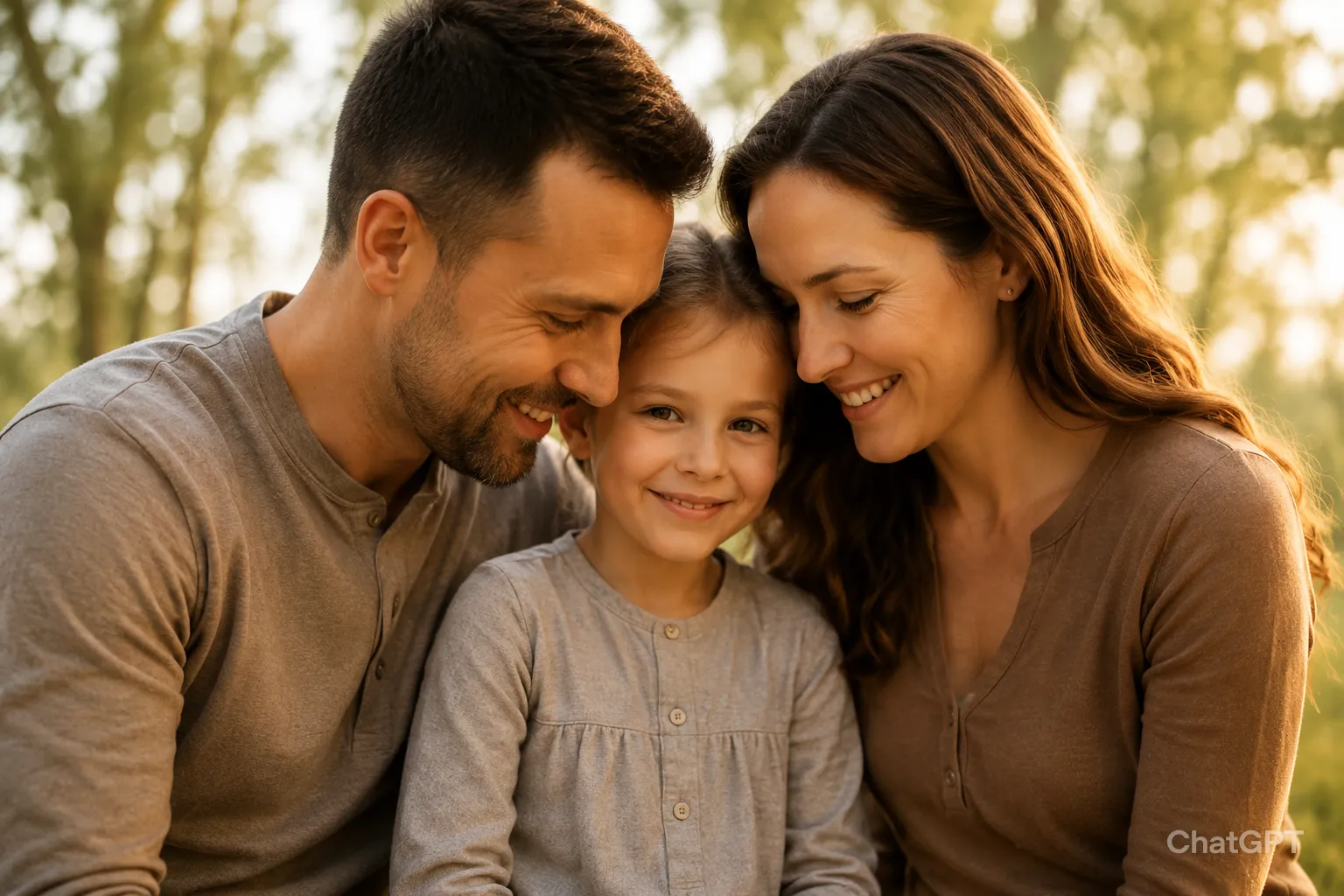 Michael | Child Heart Healing® - Gesundheits und Hypnose Coach - Eine lächelnde Mutter, ein Vater und eine Tochter umarmen sich im warmen Sonnenlicht.