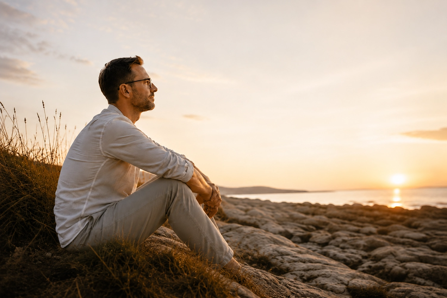 Michael | ChildHeartHealing® - Gesundheits und Hypnose Coach -  Ein Mann sitzt bei Sonnenuntergang draußen.